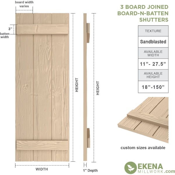 Rustic Three Board Joined Board-n-Batten Sandblasted Faux Wood Shutters, 16 1/2W X 24H